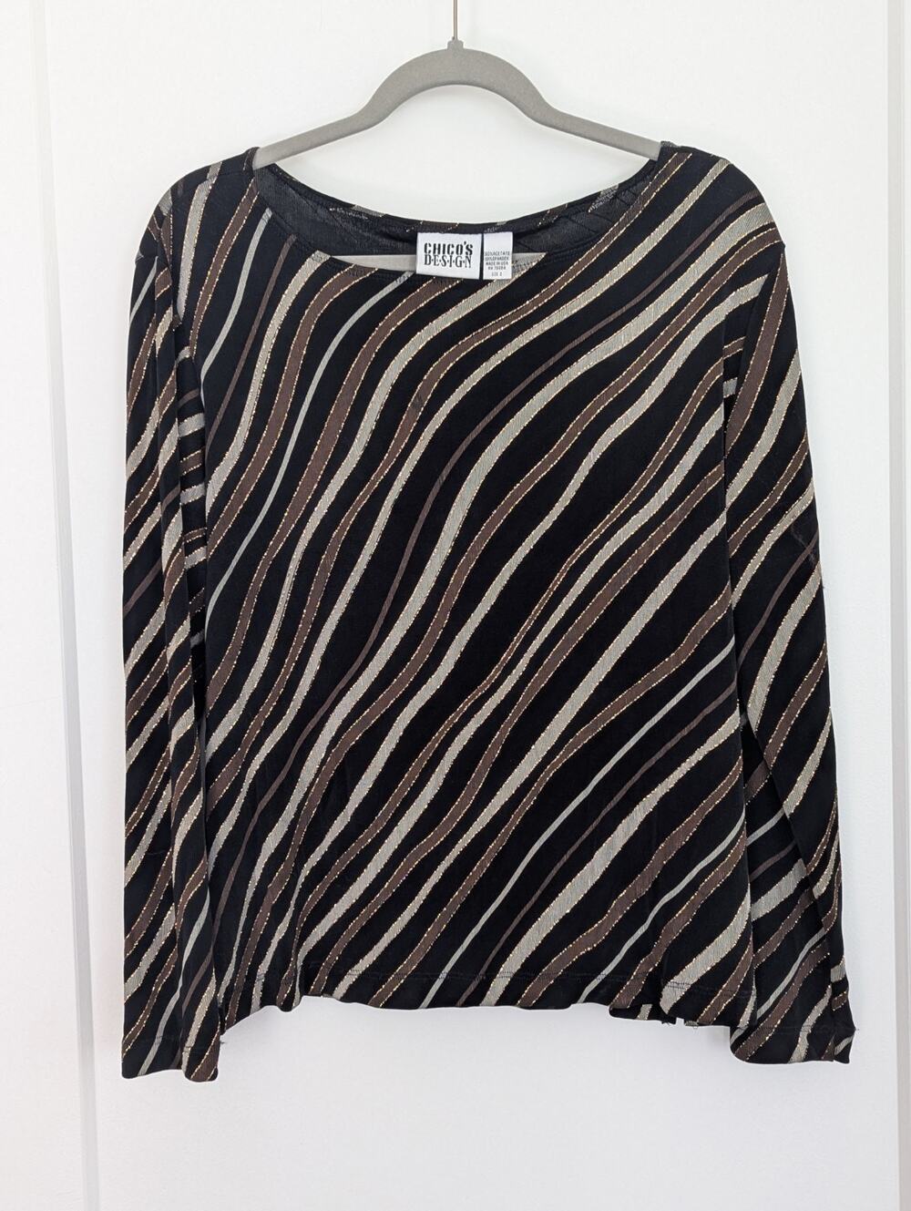 Vtg 90s Chico's Design Metallic Shimmer Striped Top Size0(S) Black Gold Retro